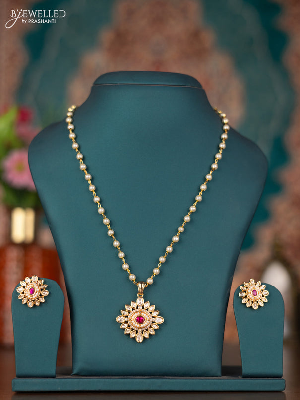 Pearl necklace with ruby & white stones pendant and pearls