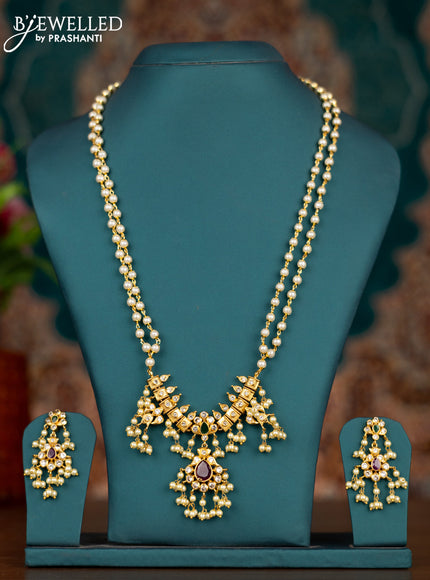 Pearl double layer haram with kemp & cz stones and pearl hangings