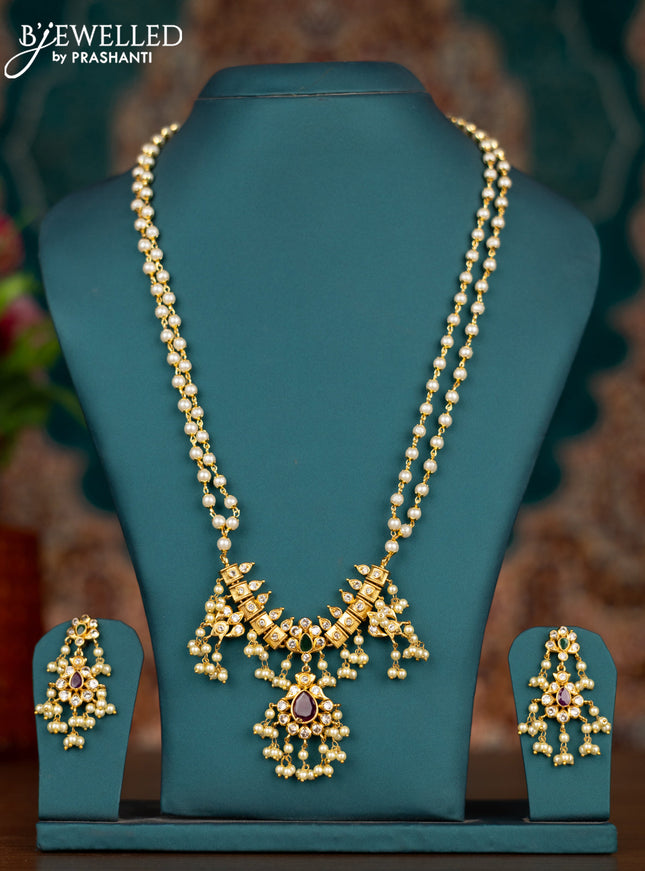 Pearl double layer haram with kemp & cz stones and pearl hangings