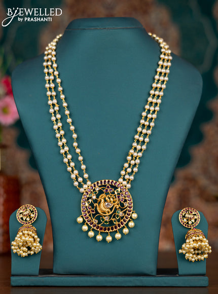 Pearl triple layer haram peacock design with kemp & cz stones and pearl hangings