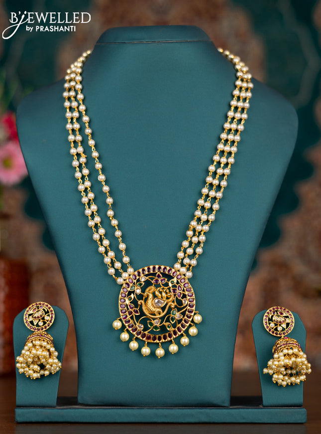 Pearl triple layer haram peacock design with kemp & cz stones and pearl hangings