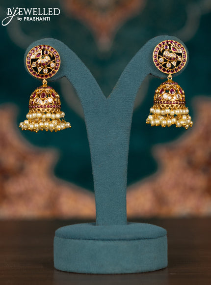 Pearl triple layer haram peacock design with kemp & cz stones and pearl hangings