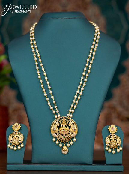 Pearl double layer haram lakshmi pendant with kemp & cz stones and pearl hangings