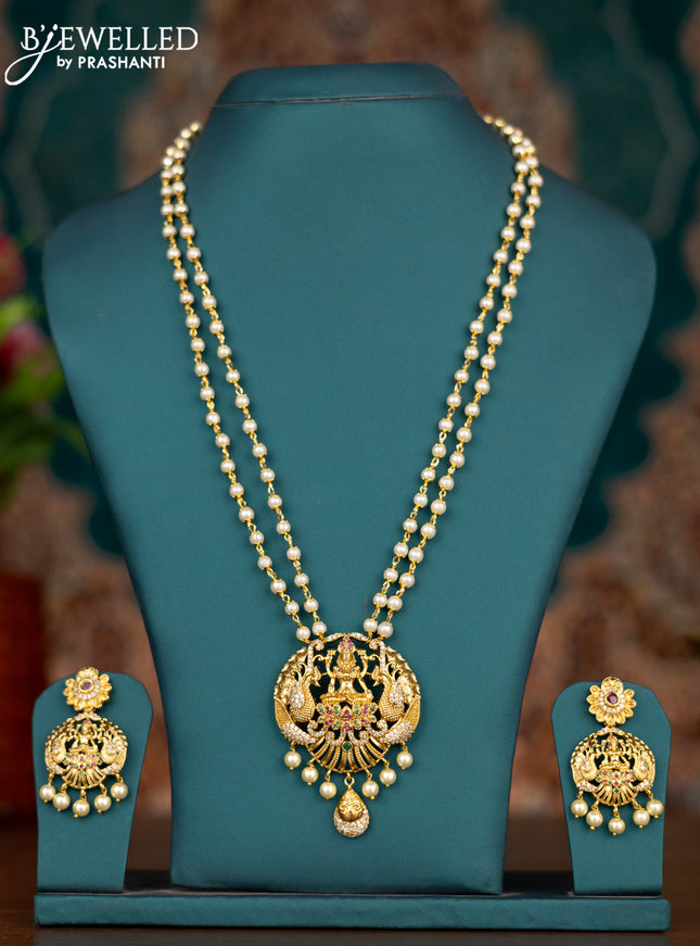 Pearl double layer haram lakshmi pendant with kemp & cz stones and pearl hangings