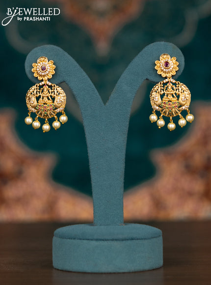 Pearl double layer haram lakshmi pendant with kemp & cz stones and pearl hangings