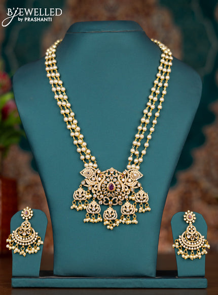 Pearl triple layer haram with ruby & cz stones and pearl hangings