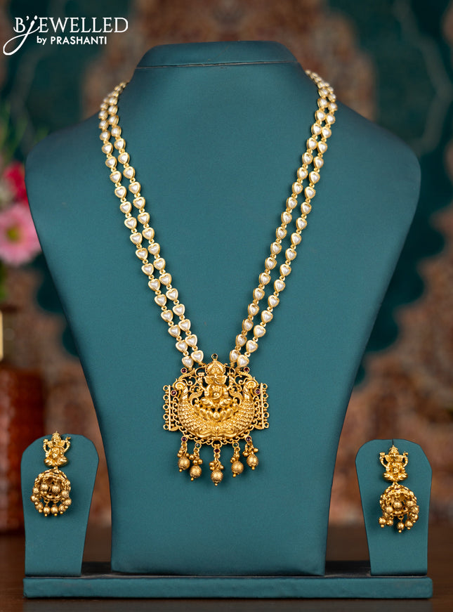 Pearl double layer haram ganesha pendant with kemp stones and golden beads hangings