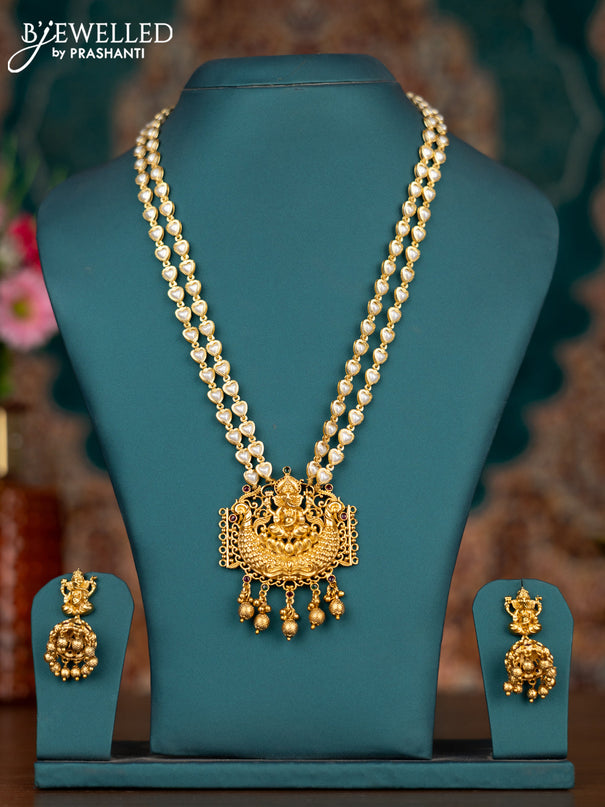 Pearl double layer haram ganesha pendant with kemp stones and golden beads hangings