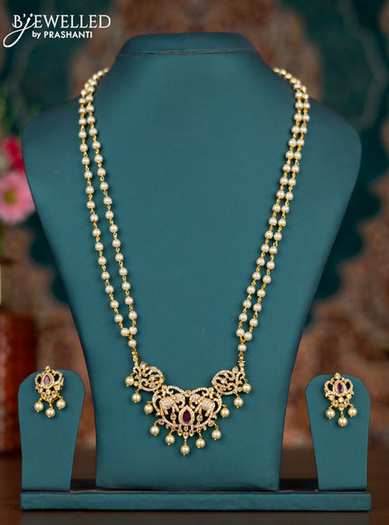 Pearl double layer haram elephant design with ruby & cz stones and pearl hangings