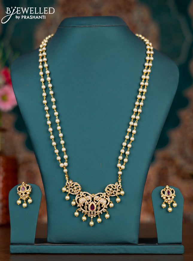 Pearl double layer haram elephant design with ruby & cz stones and pearl hangings