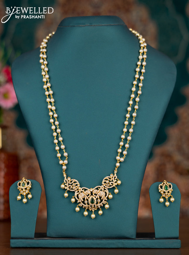Pearl double layer haram elephant design with emerald & cz stones and pearl hangings