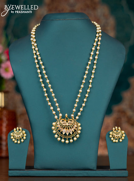 Pearl double layer haram with emerald & cz stones and pearl hangings