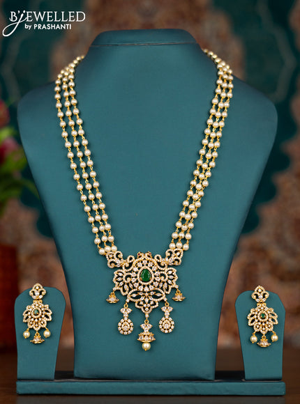 Pearl triple layer haram with emerald & cz stones and pearl hangings