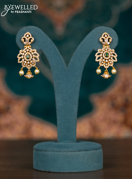Pearl triple layer haram with emerald & cz stones and pearl hangings