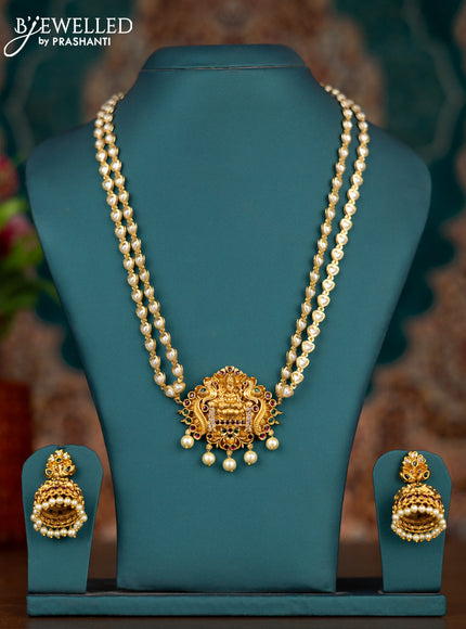 Pearl double layer haram lakshmi pendant with kemp & cz stones and pearl hangings
