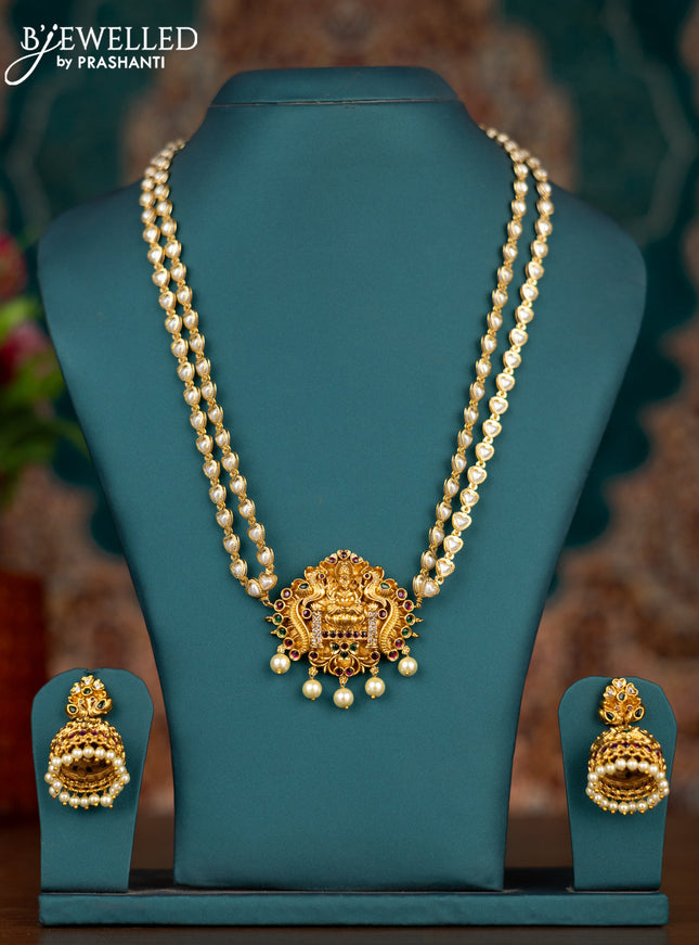 Pearl double layer haram lakshmi pendant with kemp & cz stones and pearl hangings