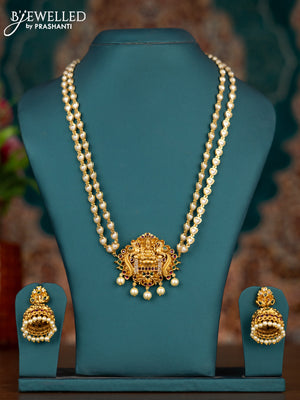 Pearl double layer haram lakshmi pendant with kemp & cz stones and pearl hangings