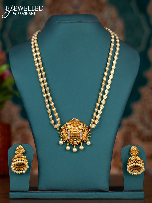 Pearl double layer haram lakshmi pendant with kemp & cz stones and pearl hangings