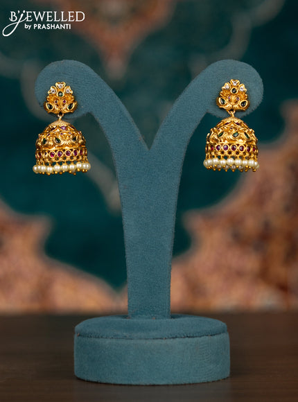 Pearl double layer haram lakshmi pendant with kemp & cz stones and pearl hangings