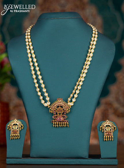 Pearl double layer haram shiv lingam pendant with kemp & cz stones and golden beads hangings
