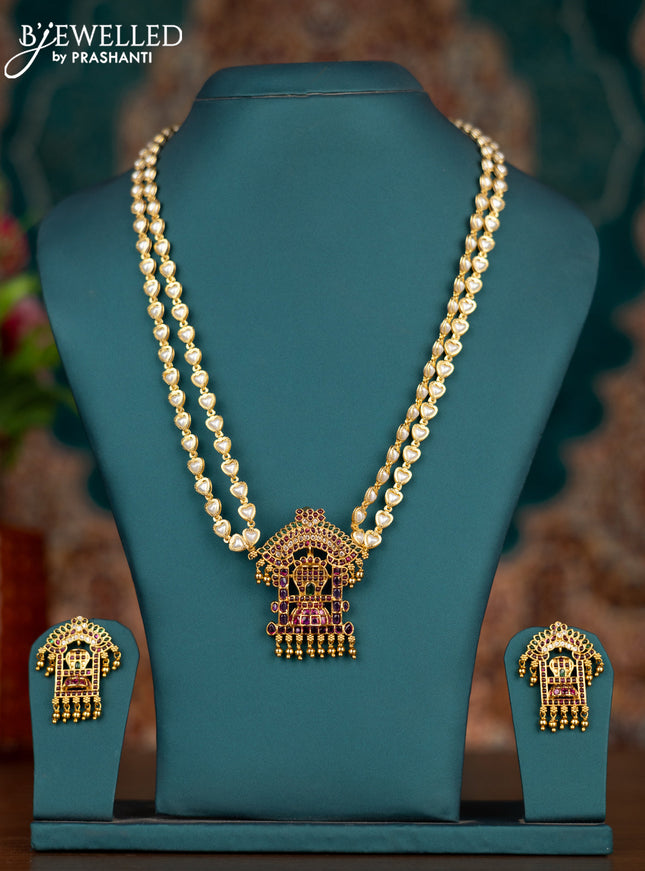 Pearl double layer haram shiv lingam pendant with kemp & cz stones and golden beads hangings