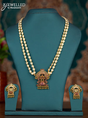 Pearl double layer haram shiv lingam pendant with kemp & cz stones and golden beads hangings