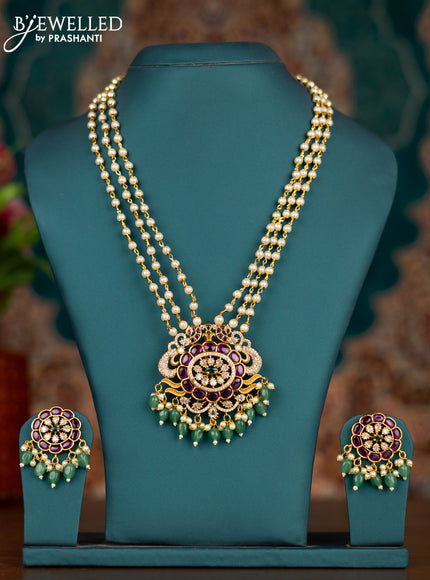 Pearl triple layer haram with kemp & cz stones and pearl & green beads hangings