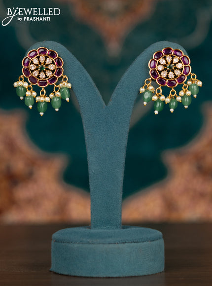 Pearl triple layer haram with kemp & cz stones and pearl & green beads hangings