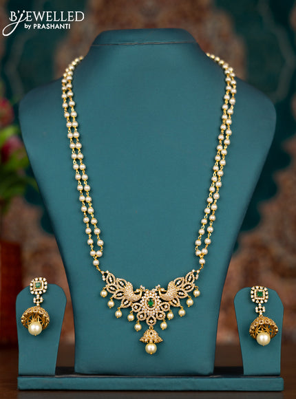 Pearl double layer haram peacock design with emerald & cz stones and pearl hangings