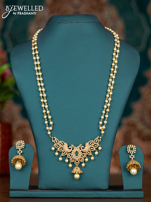 Pearl double layer haram peacock design with emerald & cz stones and pearl hangings