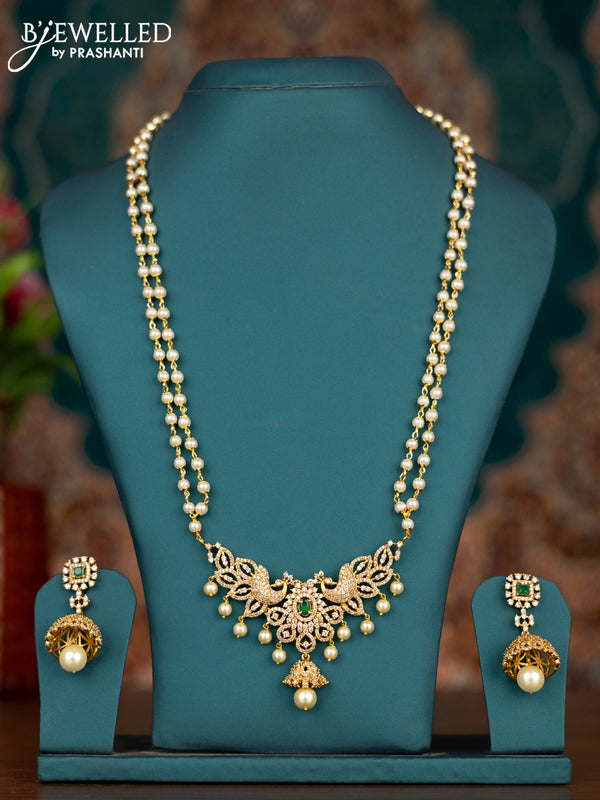 Pearl double layer haram peacock design with emerald & cz stones and pearl hangings