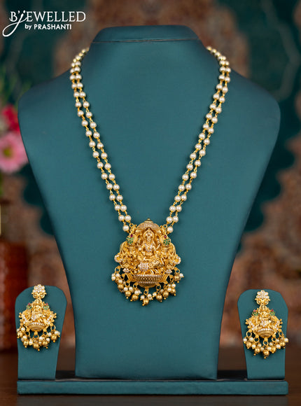 Pearl double layer haram lakshmi pendant with kemp & cz stones and pearl & golden beads hangings
