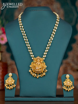 Pearl double layer haram lakshmi pendant with kemp & cz stones and pearl & golden beads hangings