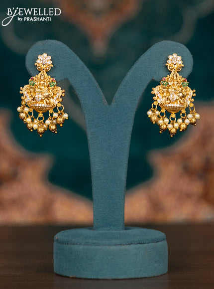 Pearl double layer haram lakshmi pendant with kemp & cz stones and pearl & golden beads hangings