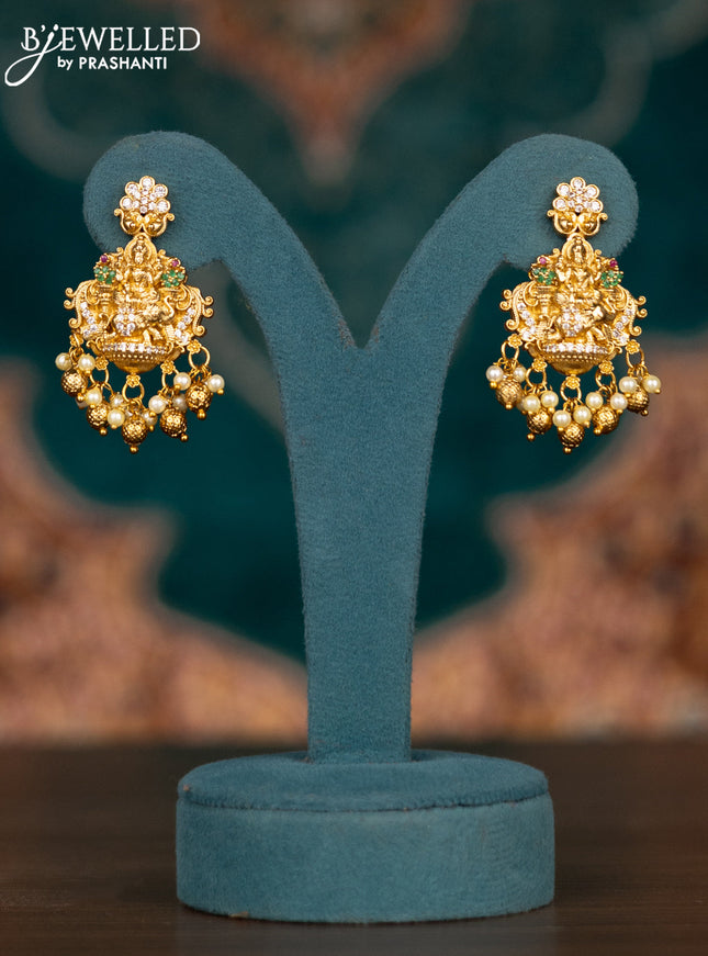 Pearl double layer haram lakshmi pendant with kemp & cz stones and pearl & golden beads hangings