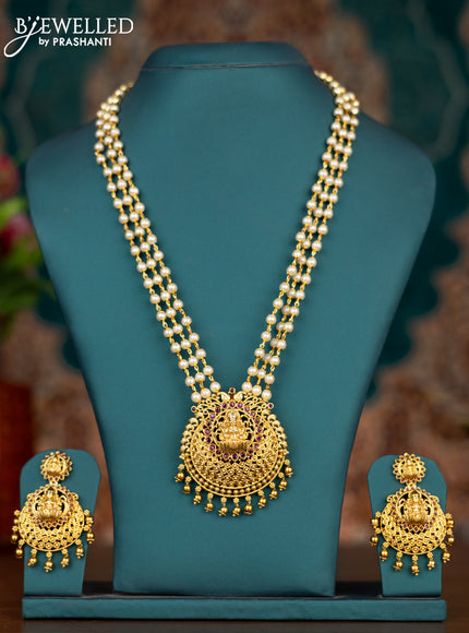 Pearl triple layer haram lakshmi pendant with ruby stones and beads hangings