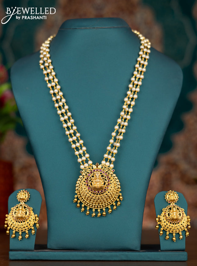 Pearl triple layer haram lakshmi pendant with ruby stones and beads hangings