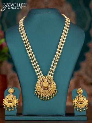 Pearl triple layer haram lakshmi pendant with ruby stones and beads hangings