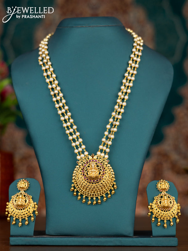 Pearl triple layer haram lakshmi pendant with ruby stones and beads hangings