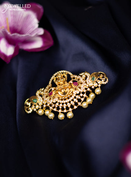 Antique medium size hair clip lakshmi design with kemp & cz stones and pearl hangings