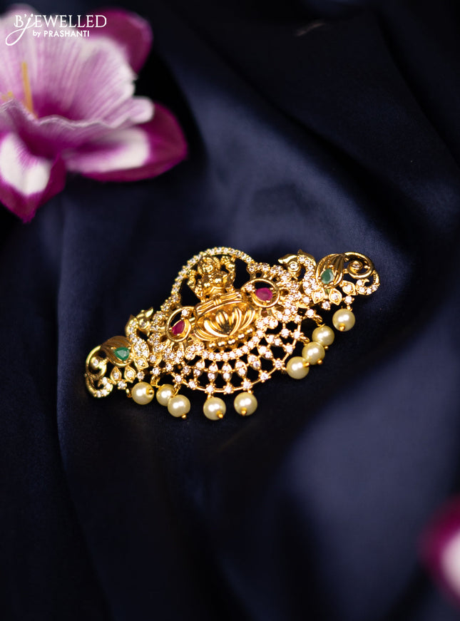 Antique medium size hair clip lakshmi design with kemp & cz stones and pearl hangings