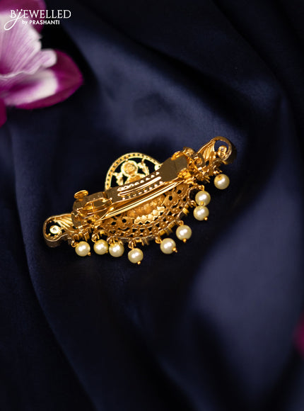 Antique medium size hair clip lakshmi design with kemp & cz stones and pearl hangings