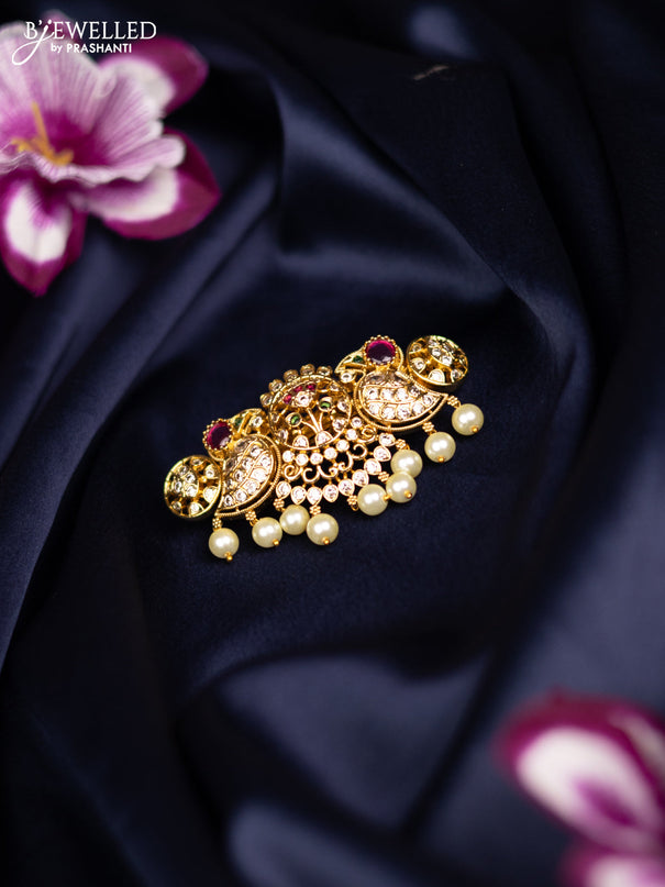 Antique medium size hair clip parrot design with kemp & cz stones and pearl hangings