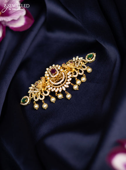 Antique medium size hair clip peacock design with kemp & cz stones and pearl hangings