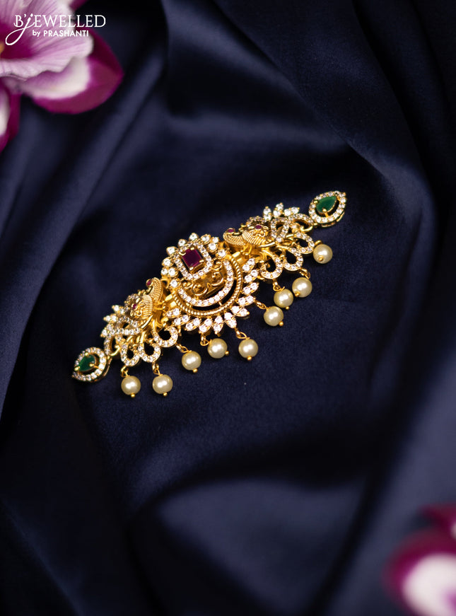 Antique medium size hair clip peacock design with kemp & cz stones and pearl hangings
