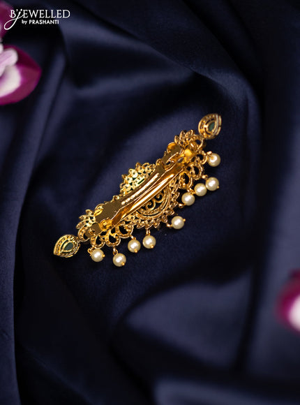 Antique medium size hair clip peacock design with kemp & cz stones and pearl hangings