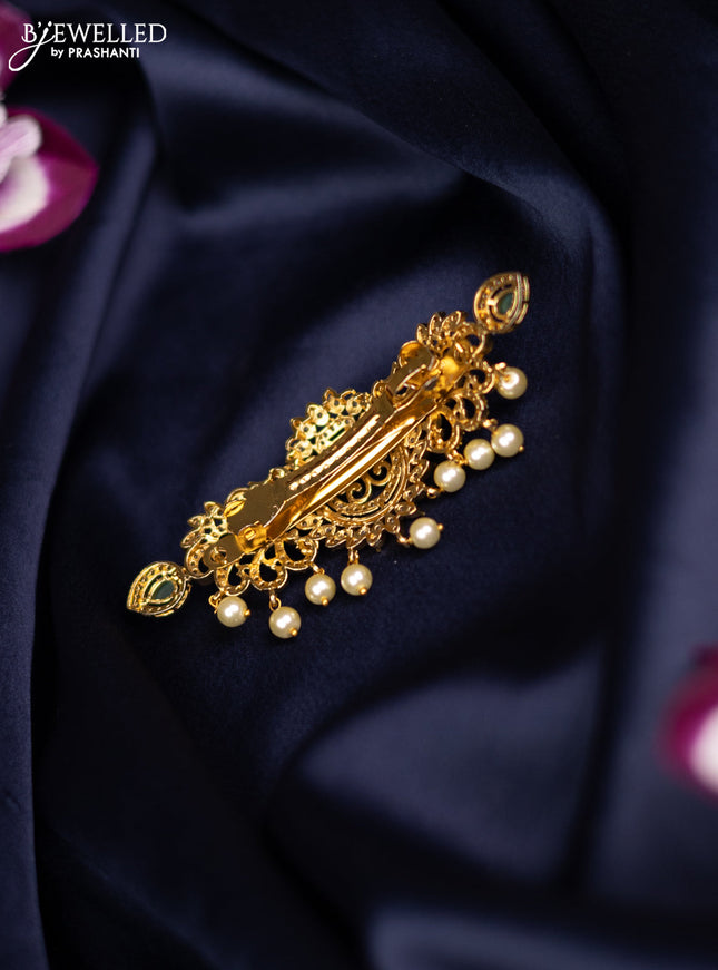 Antique medium size hair clip peacock design with kemp & cz stones and pearl hangings