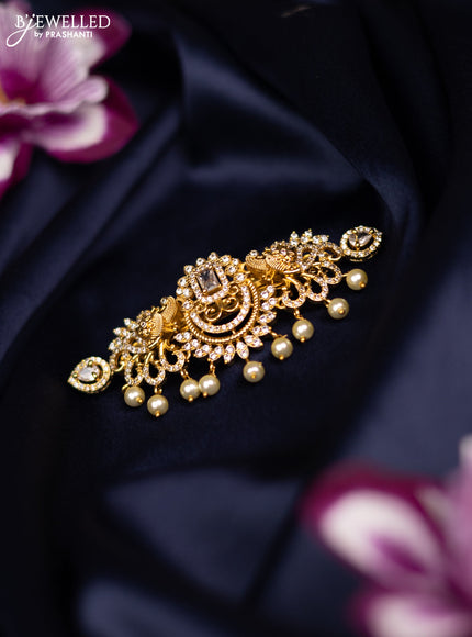 Antique medium size hair clip peacock design with cz stones and pearl hangings