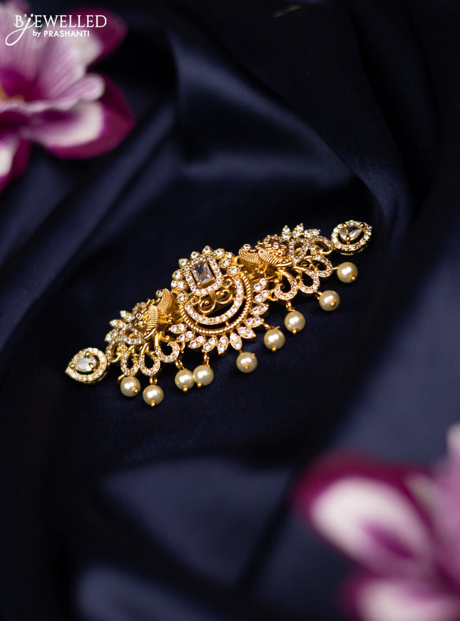 Antique medium size hair clip peacock design with cz stones and pearl hangings