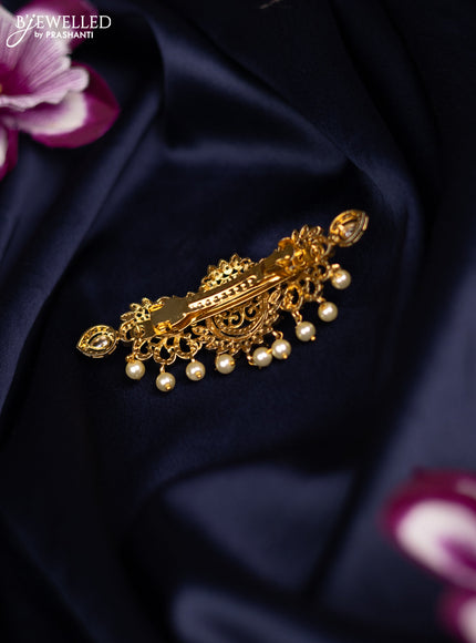 Antique medium size hair clip peacock design with cz stones and pearl hangings